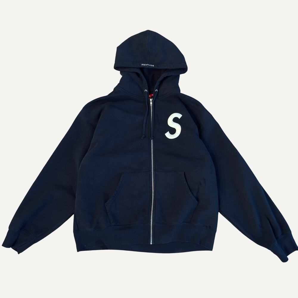 Supreme S Logo Zip Up Hooded Sweatshirt Navy Embroidered Logo Size L Men's